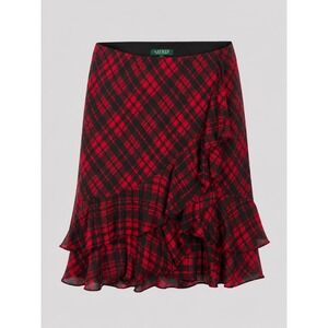 Lauren Ralph Lauren Petite Plaid Ruffle Skirt Red Black P/S NWT Holiday